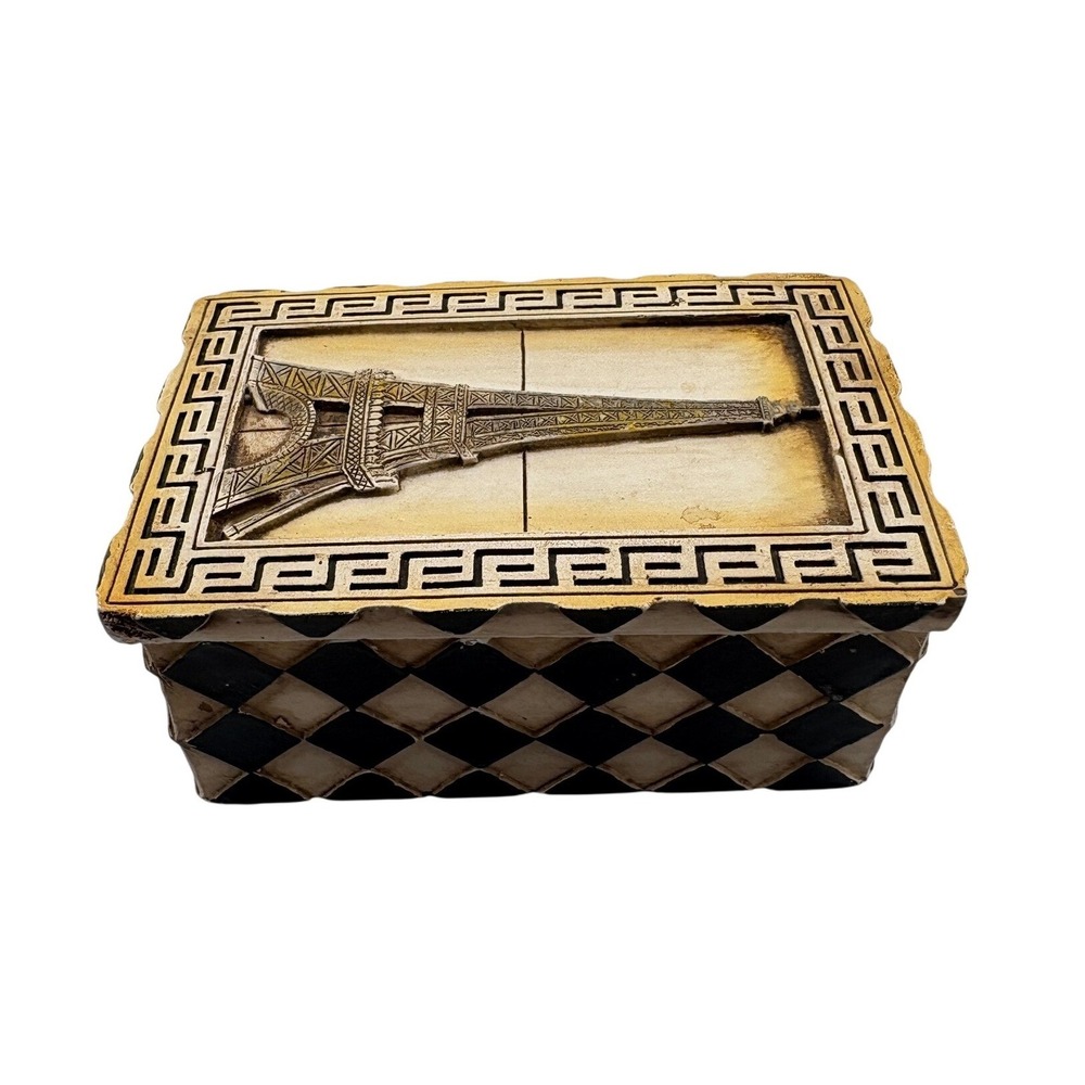 Agra India Carved Soapstone Eiffel Tower TrinketBox Harlequin Checked Heavy Case